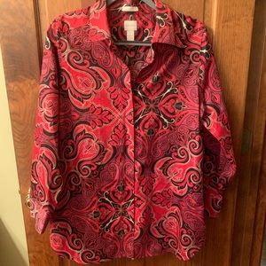 CHICO- NO IRON blouse, size 1 or 8-10 medium. Red’s, Black and White Very Pretty